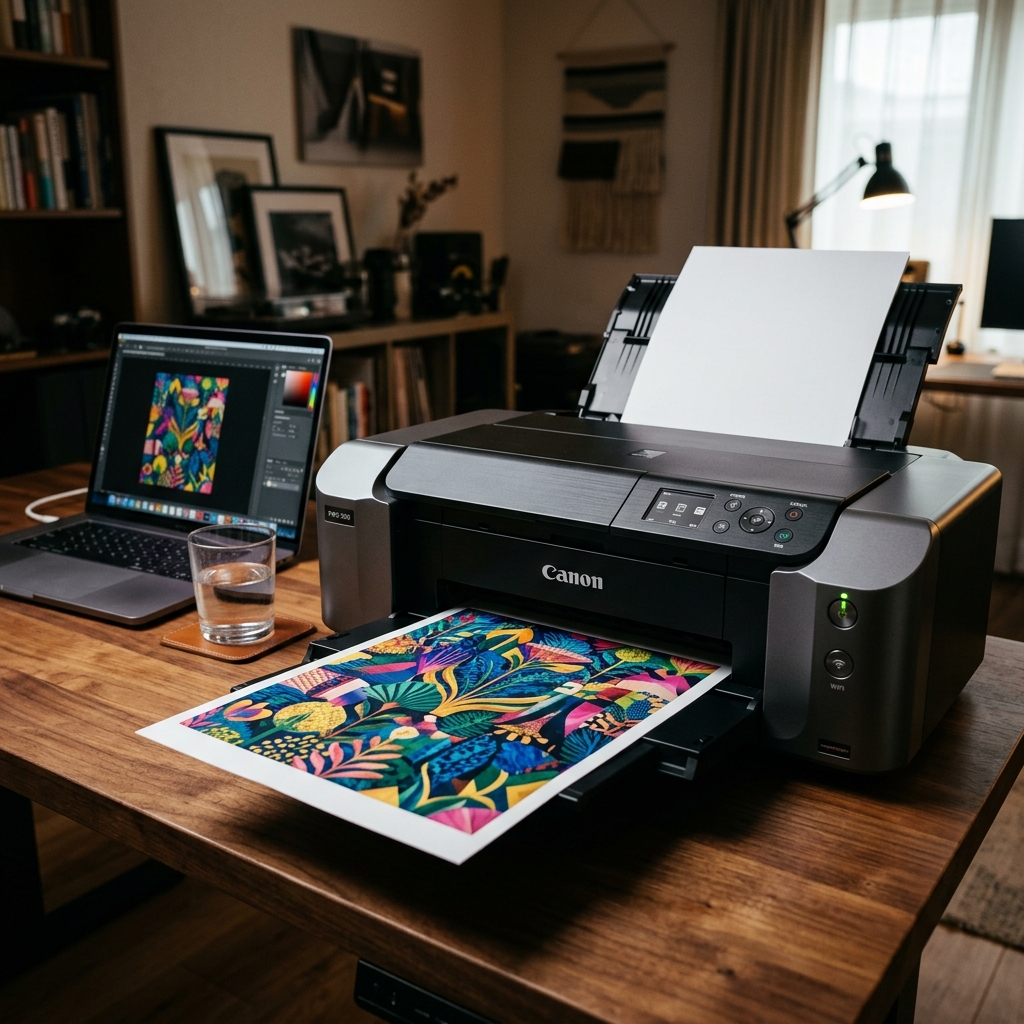 Printmaker inspecting a freshly printed design